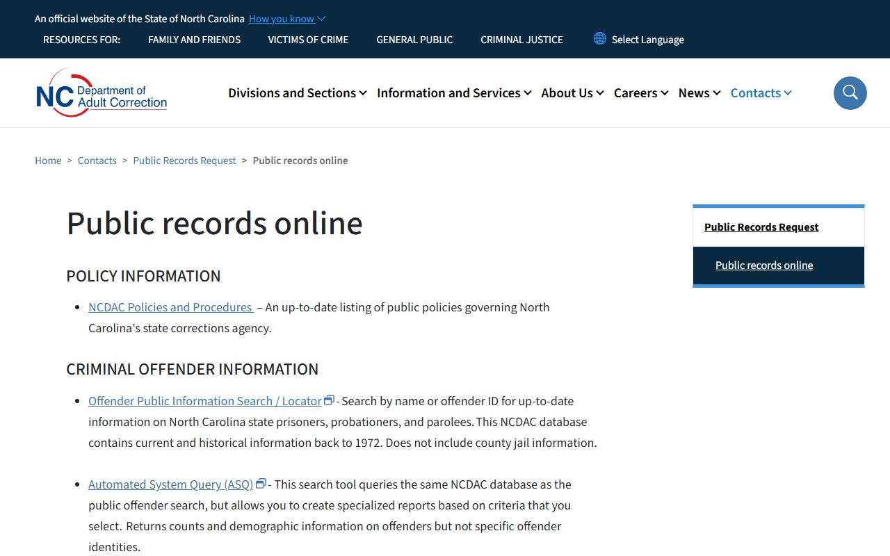 Orange County criminal court records NC DAC public records page