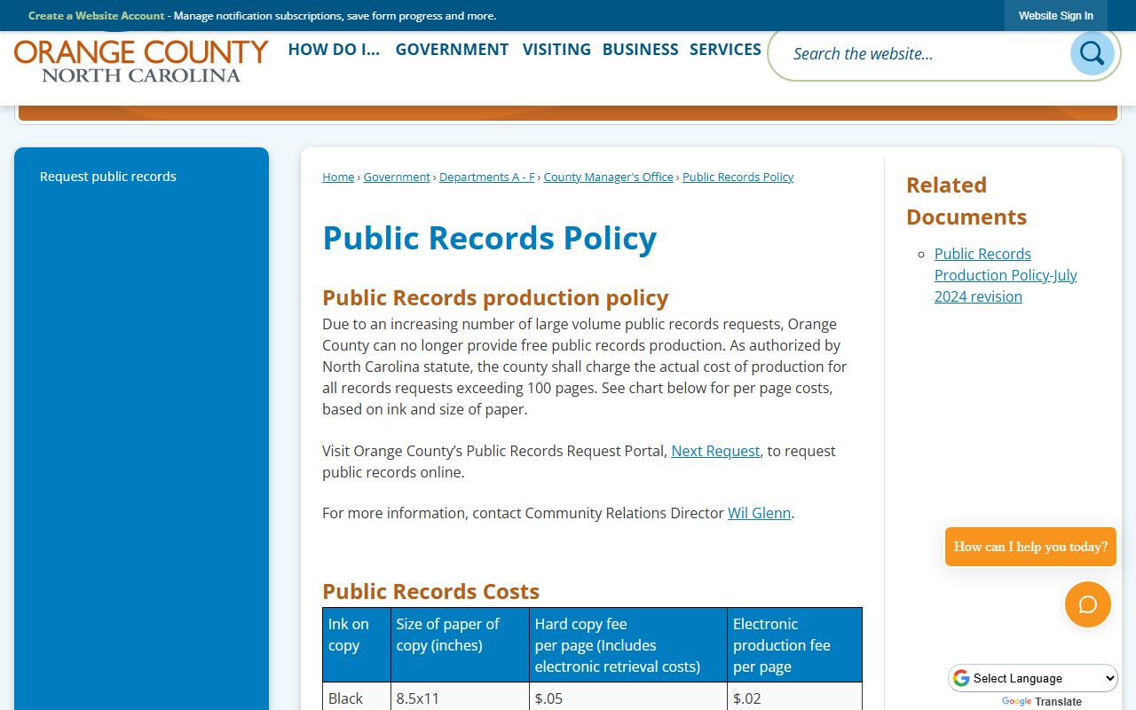Orange County court records public records policy page