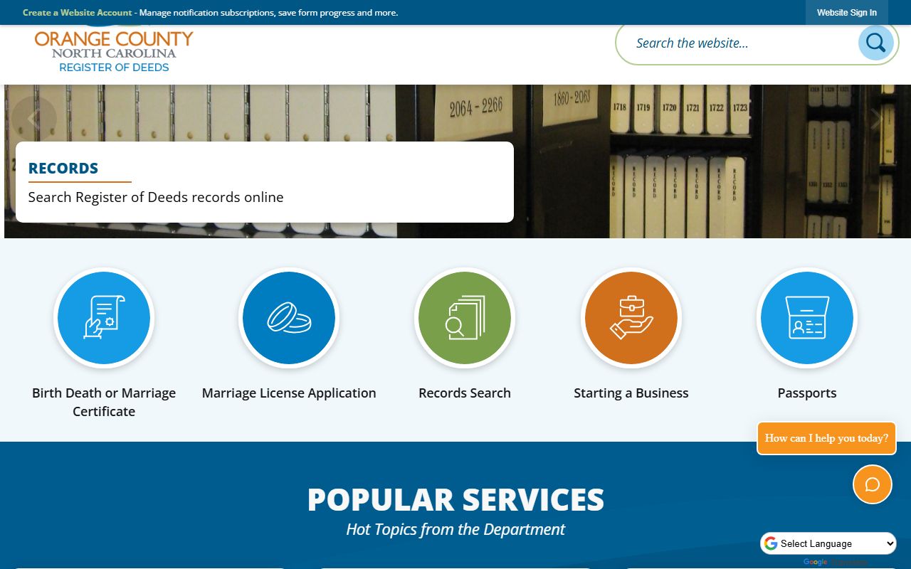 Orange County marriage records Register of Deeds office page