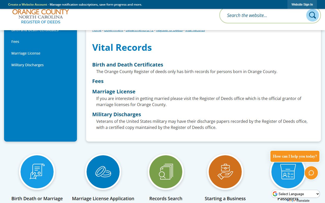 Orange County marriage records vital records page