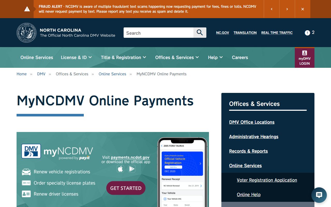 Orange County traffic court records myNCDMV online services source page