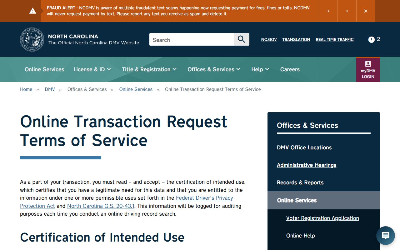 Orange County traffic court records NCDMV terms source page