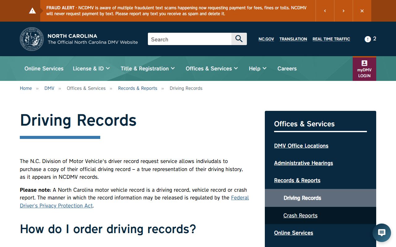 Orange County traffic court records NCDMV driving records source page